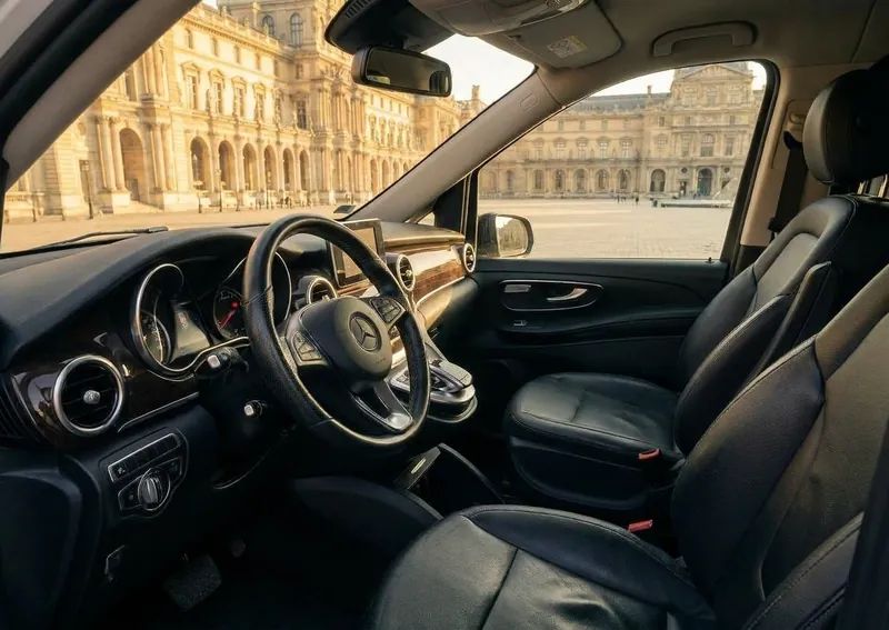 A Mercedes-Benz V-osztály vezetőtere fa díszbetétekkel, palotára nyíló kilátással