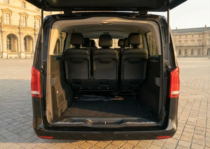 A Mercedes-Benz V-osztály nyitott csomagtere – reptéri fogadás poggyásszal